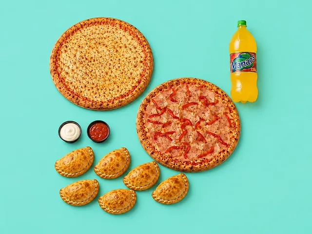LA BANDA de Las Tapas: 1 Muzzarella Grande + 1 Jamón y Morrón Grande, 6 Empanadas Grandes 120 g a elección, 1 Manaos 2,25 L · Cola / Naranja / Lima Limón, 1 Alioli + 1 Salsa Picante
