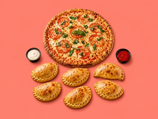 LA RONDA de Las Tapas: 1 Napolitana Grande, 6 Empanadas Grandes 120 g a elección, 1 Alioli + 1 Salsa Picante, Sin bebida